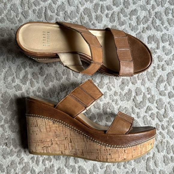 Stuart Weitzman Tan Leather Cork Wedge Sandals, size 8 - Picture 1 of 8